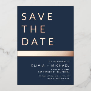 Navy Blue Rose Gold Stripe Save the Date Photo