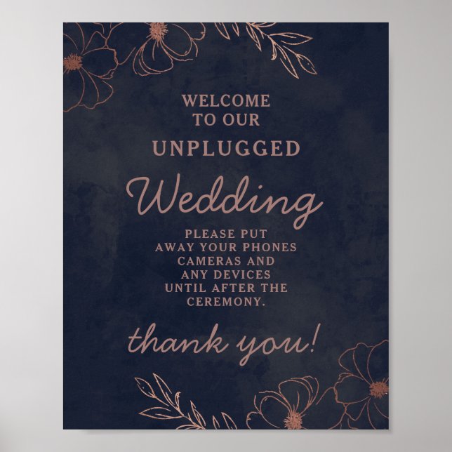 Navy Blue & Rose Gold Unplugged Wedding Table Sign (Front)