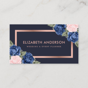 Navy Blue Rose Gold Watercolor Floral Business Card