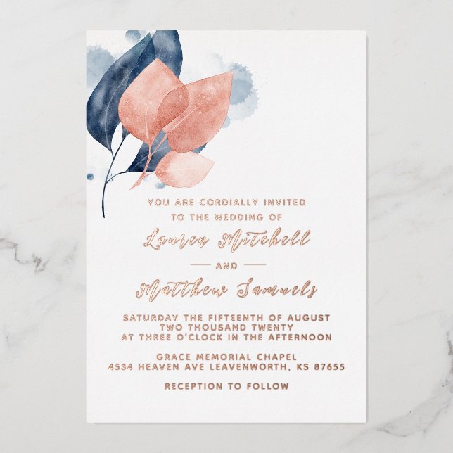 Navy Blue & Rose Gold Wedding Foil Invitation (Front)
