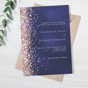 Navy blue rose gold wedding invitation