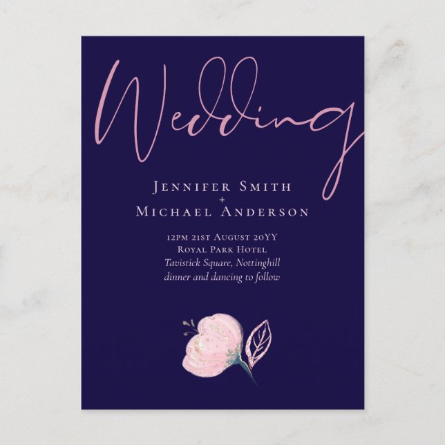 Navy Blue Rose Gold Wedding Invitation Budget Postcard (Front)