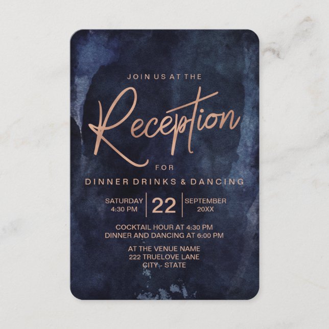 Navy Blue & Rose Gold Wedding Reception Enclosure Card (Front)