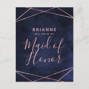 Navy Blue & Rose Gold Will You Be My Maid of Honou Invitation