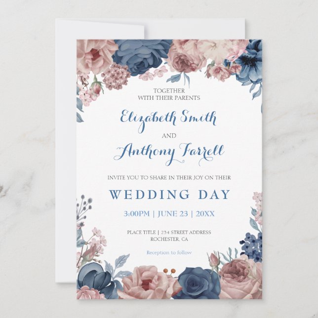 Navy Blue Rose Mauve Watercolor Floral Wedding Invitation (Front)