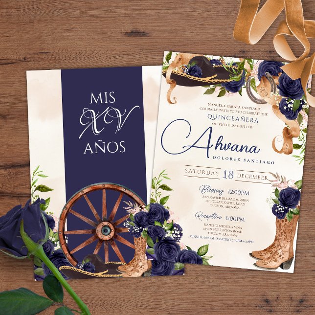Navy Blue Rose Vintage Charro Western Quinceanera Invitation (Creator Uploaded)