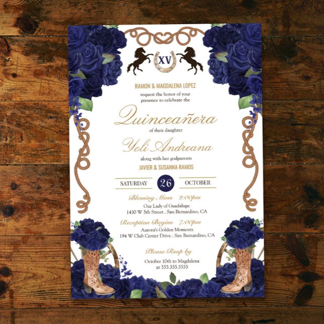 Navy Blue Rose Western Charro Quinceañera Invitation (Creator Uploaded)