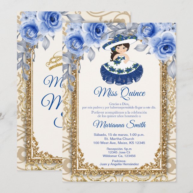 Navy Blue Roses and Gold Quinceañera Invitation (Front/Back)