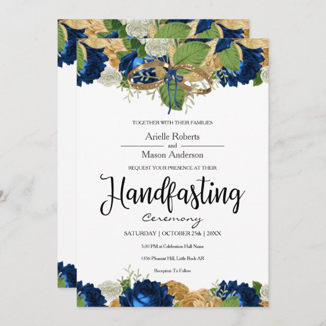 Navy Blue Roses Boho Gold Handfasting Invitation (Front/Back)