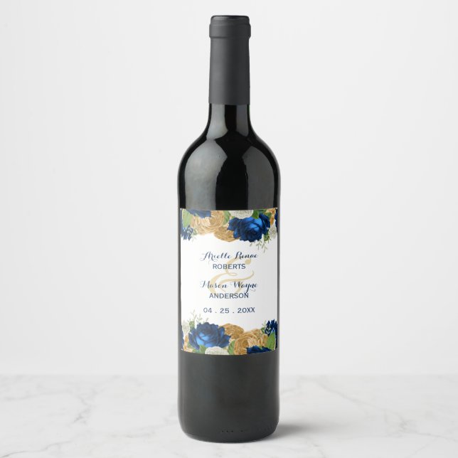 Navy Blue Roses Boho Gold Wine Label (Front)