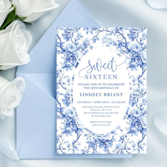 Navy Blue Roses Digital Floral Sweet Sixteen Invitation (Navy Blue Roses Digital Floral Sweet Sixteen)