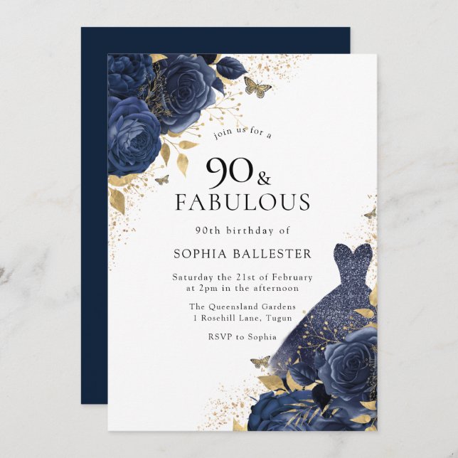 Navy Blue Roses & Dress Gold 90th Birthday Party Invitation (Front/Back)