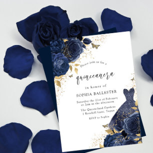 Navy Blue Roses & Dress Gold Quinceanera Party Invitation