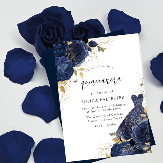 Navy Blue Roses & Dress Gold Quinceanera Party Invitation (Creator Uploaded)