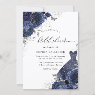 Navy Blue Roses & Dress Silver Bridal Shower Invitation