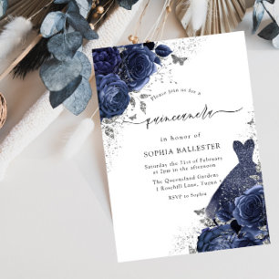 Navy Blue Roses & Dress Silver Quinceanera Party Invitation
