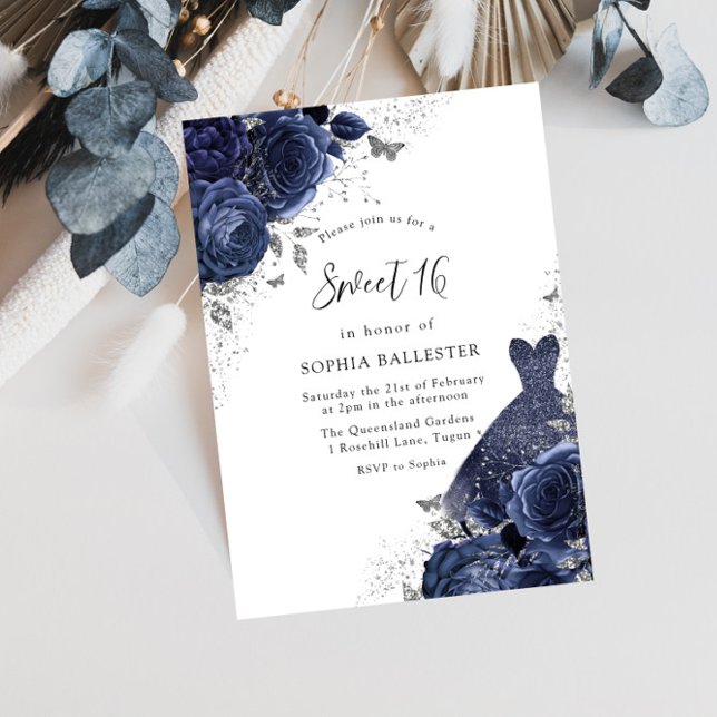 Navy Blue Roses & Dress Silver Sweet 16 Party Invitation (Creator Uploaded)