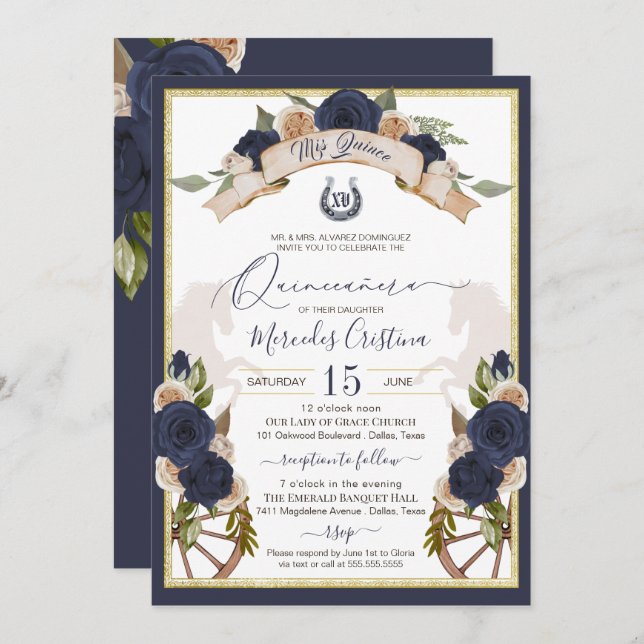 Navy Blue Roses Floral & Horses Charro Quinceanera Invitation (Front/Back)