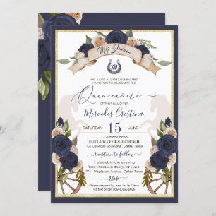 Navy Blue Roses Floral & Horses Charro Quinceanera Invitation