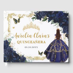 Navy Blue Roses Floral Princess Gold Quinceanera  Guest Book