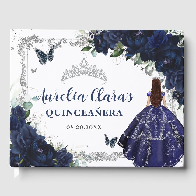 Navy Blue Roses Floral Princess Quinceañera 15 16 Guest Book (Front)
