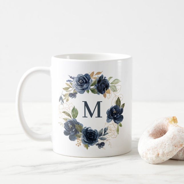 Navy Blue Roses Floral Wreath Gold Foil Monogram Coffee Mug (With Donut)