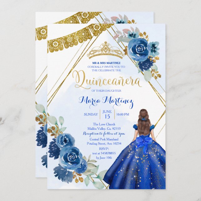 Navy Blue Roses Girl Charra 15th Birthday Invitation (Front/Back)