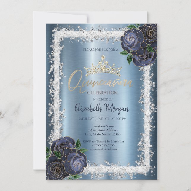 Navy Blue Roses, Glitter Frame Crown Metallic Invitation (Front)