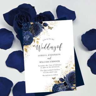 Navy Blue Roses & Gold Butterflies Wedding Invitation
