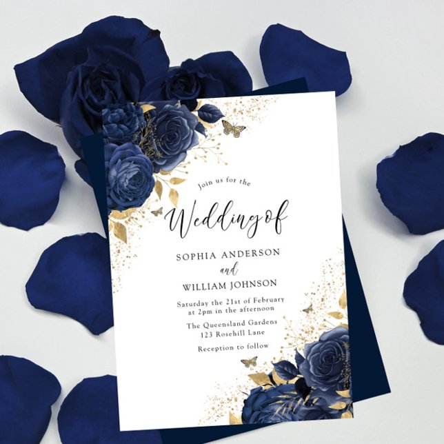 Navy Blue Roses & Gold Butterflies Wedding Invitation (Creator Uploaded)