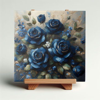 Navy Blue Roses Gold Gilding Impressionist Art Tile