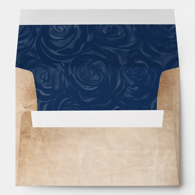 Navy Blue Roses Rustic Parchment Return Address Envelope (Back (Bottom))