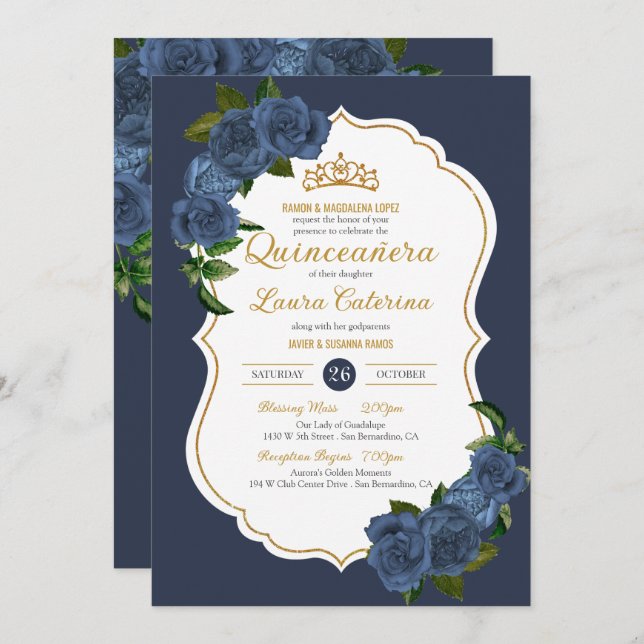 Navy Blue Roses White and Gold Elegant Quinceanera Invitation (Front/Back)