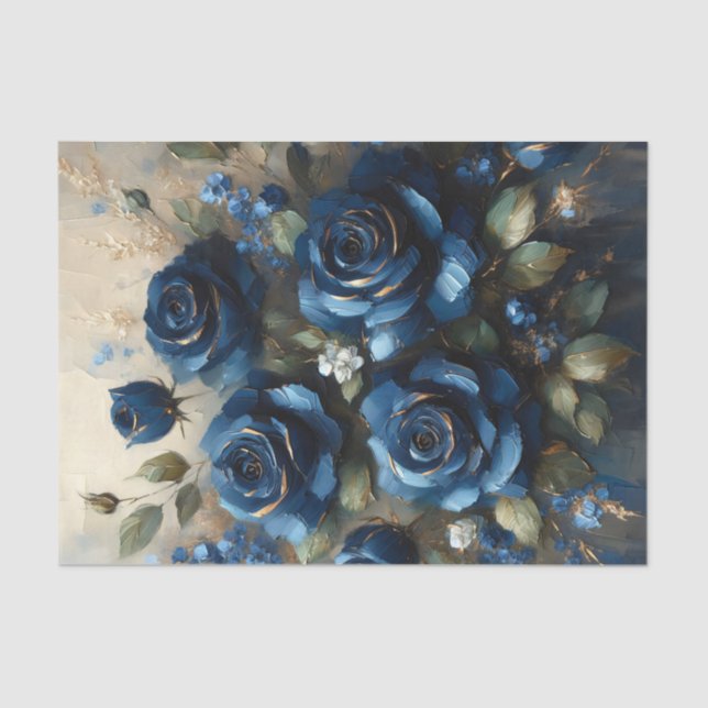 Navy Blue Roses with Gold Impressionist Decoupage Tissue Paper (Front)