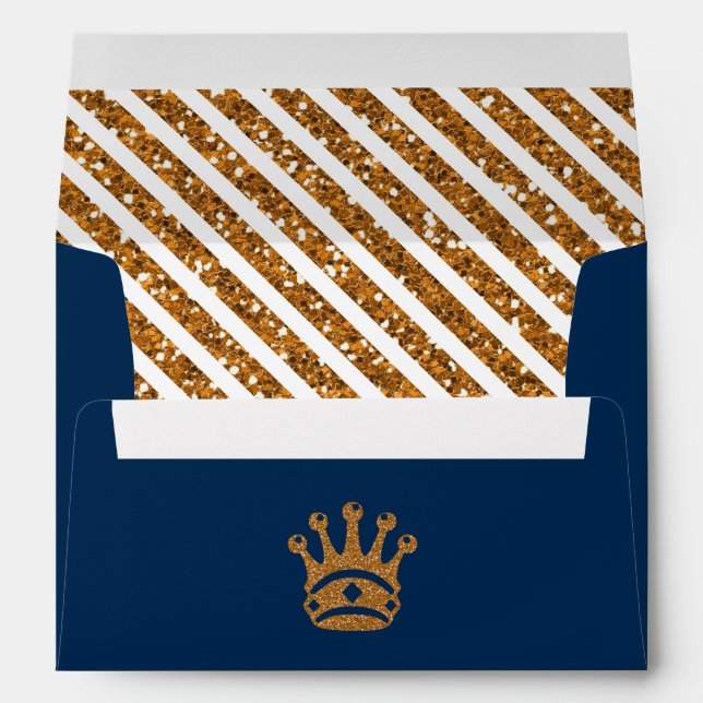 Navy Blue Royal Prince Crown Faux Gold Glitter Envelope (Back (Bottom))
