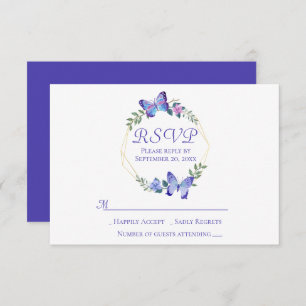 Navy Blue RSVP Butterfly Floral Wreath Wedding Invitation