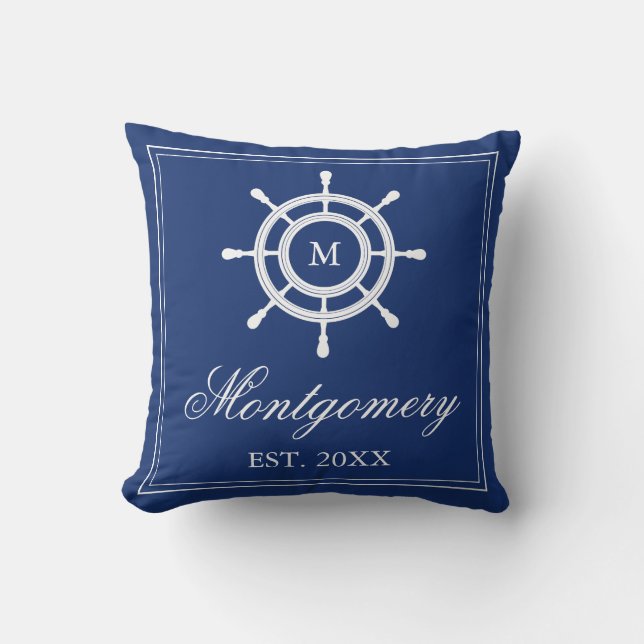 Navy Blue Rudder Monogram & Family Name Cushion (Front)