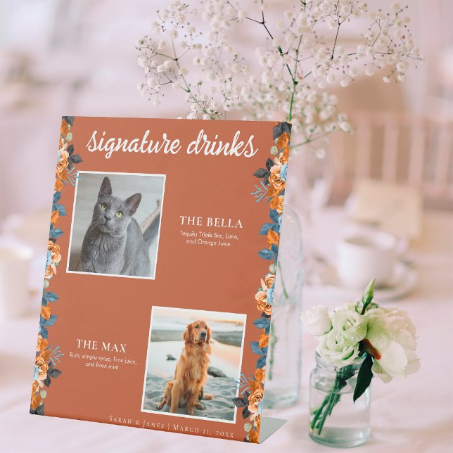 Navy Blue Rust 2 Photo Floral Pet Signature Drink Pedestal Sign (Creator Uploaded)