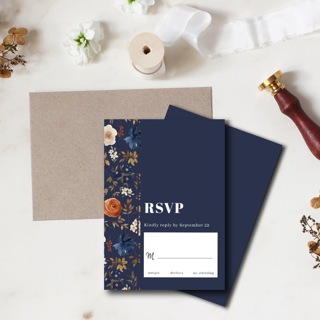 Navy Blue Rust Dark Boho Floral Wedding RSVP Card (Creator Uploaded)