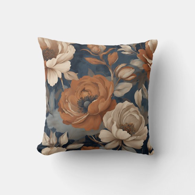 Navy Blue Rust Modern Farmhouse Floral Cushion (Front)