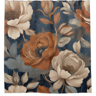 Navy Blue Rust Orange Modern Farmhouse Floral Shower Curtain