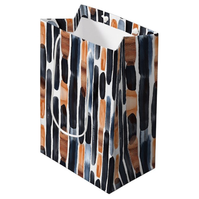Navy Blue Rust Orange Stripes Birthday Medium Gift Bag (Front Angled)