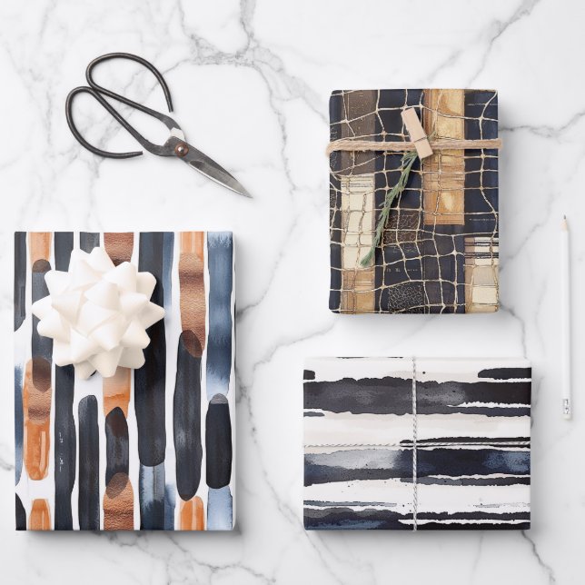 Navy Blue Rust Orange Stripes Birthday Wrapping Paper Sheet (Front)