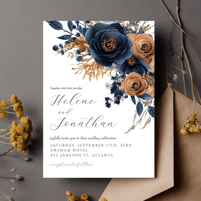 Navy Blue Rust Watercolor Floral Elegant Wedding Invitation (Navy Blue Rust Watercolor Floral Elegant Wedding Invitation)