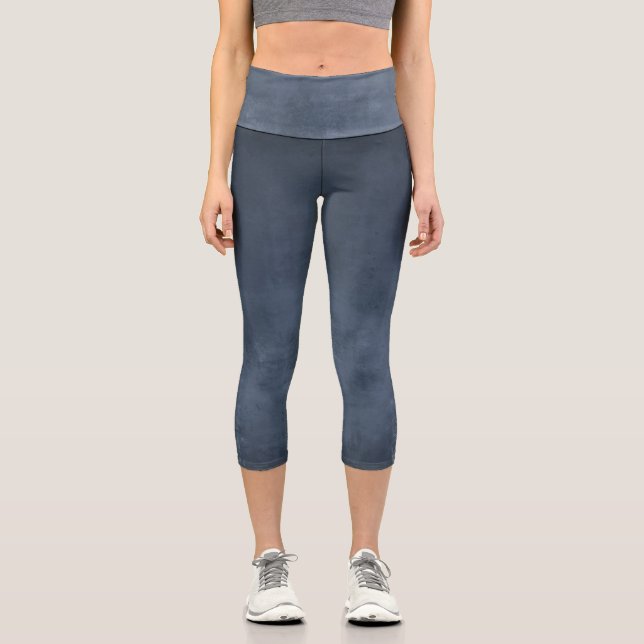 Navy Blue Rustic Abstract Capri Leggings (Front)