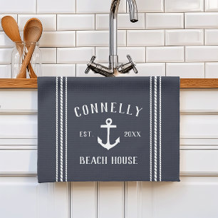 Navy Blue Rustic Anchor Personalised Beach House Tea Towel