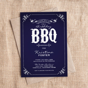 Navy Blue Rustic Birthday Party BBQ Invitation