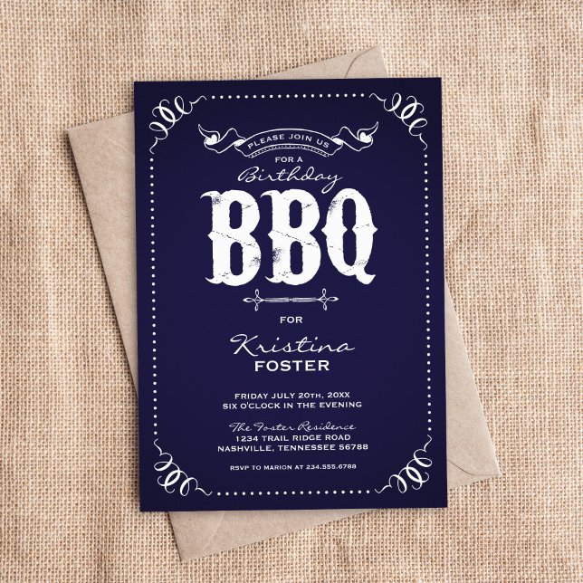 Navy Blue Rustic Birthday Party BBQ Invitation (Creator Uploaded)