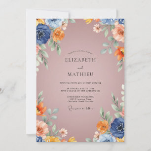 Navy Blue Rustic Blossom Wedding Invitation