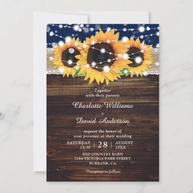 Navy Blue Rustic Burlap and Lace Sunflower Wedding Invitation (Front)